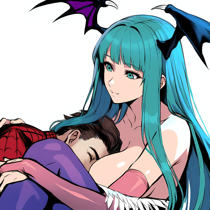 1boy animal_print bare_shoulders bat_wings breasts bridal_gauntlets capcom cleavage darkstalkers demon_girl depravedtsunami female green_hair head_wings highres hug large_breasts leotard long_hair marvel marvel_vs._capcom morrigan_aensland peter_parker smile spider-man spider-man_(series) spider_print spider_web_print wings