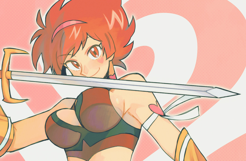 armband armpit_crease bare_shoulders black_shirt breasts cleavage_cutout clothing_cutout crop_top cutie_honey cutie_honey_(character) elbow_gloves english_commentary female gloves hairband heart heart_on_cheek holding holding_sword holding_weapon impossible_clothes impossible_shirt light_smile looking_at_viewer looking_down malan medium_breasts midriff outer_glow outline pink_hairband red_eyes red_hair red_shirt screentones shirt short_hair sideboob solo sword two-tone_shirt underboob upper_body weapon white_armband white_outline yellow_gloves