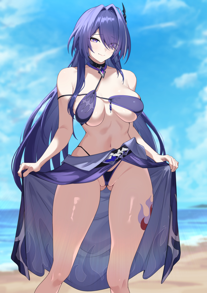 absurdres acheron_(honkai:_star_rail) ass_visible_through_thighs bare_shoulders beach bikini black_bikini blue_sky breasts choker cleavage female hair_ornament hair_over_one_eye highleg highleg_bikini highres honkai:_star_rail honkai_(series) large_breasts leg_tattoo long_hair looking_at_viewer multicolored_hair navel purple_eyes purple_hair sarong shirotategosha shore sky streaked_hair swimsuit tattoo thighs