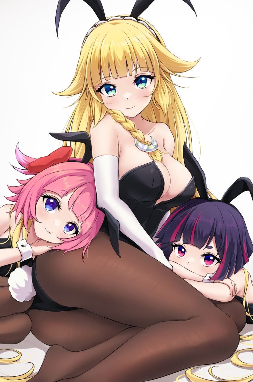 3girls akirappy animal_ears black_hair black_leotard blonde_hair fake_animal_ears fake_tail highleg highres juzumaru_tsunetsugu_(monster_strike) leotard long_hair mikazuki_munechika_(monster_strike) monster_strike multicolored_hair multiple_girls oodenta_mitsuyo_(monster_strike) pantyhose pink_hair playboy_bunny rabbit_ears rabbit_tail short_hair strapless strapless_leotard streaked_hair tail wrist_cuffs