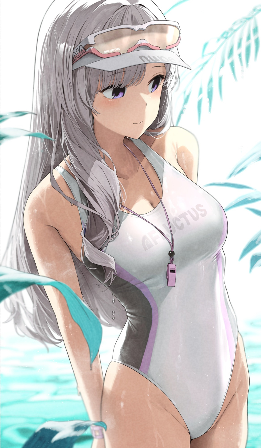 bare_shoulders blue_eyes bracelet breasts cleavage clothes_writing female grey_hair groin hair_down highleg highleg_one-piece_swimsuit highres idolmaster idolmaster_shiny_colors jewelry leaf long_hair looking_to_the_side medium_breasts noeru official_alternate_costume official_alternate_hairstyle one-piece_swimsuit plant solo sunglasses swimsuit visor_cap wading water_drop wet whistle whistle_around_neck white_one-piece_swimsuit white_visor yukoku_kiriko