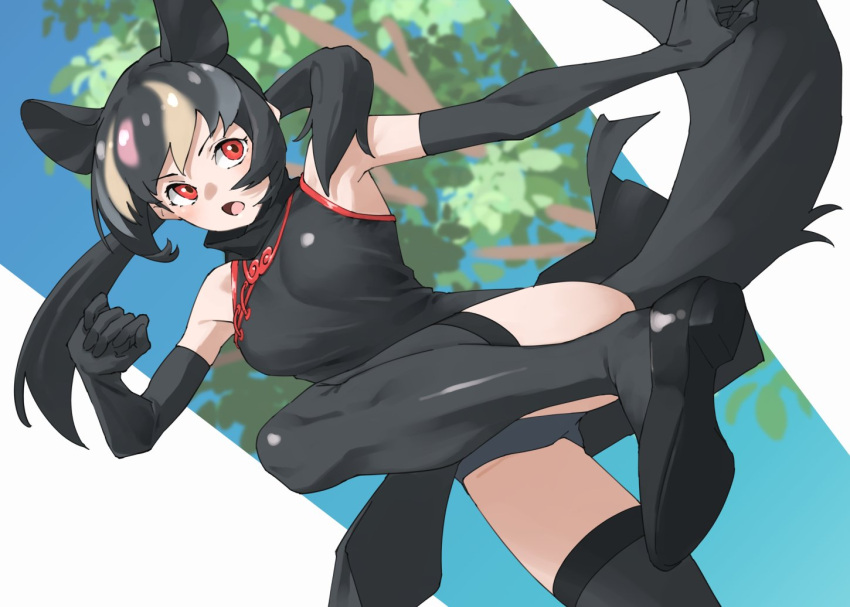 animal_ears aye-aye_(kemono_friends) bare_shoulders black_hair blue_sky china_dress chinese_clothes dress elbow_gloves extra_ears female gloves kemono_friends long_hair monkey_ears monkey_girl monkey_tail panties red_eyes shoes sky sleeveless solo tail tanabe_(fueisei) thighhighs twintails underwear