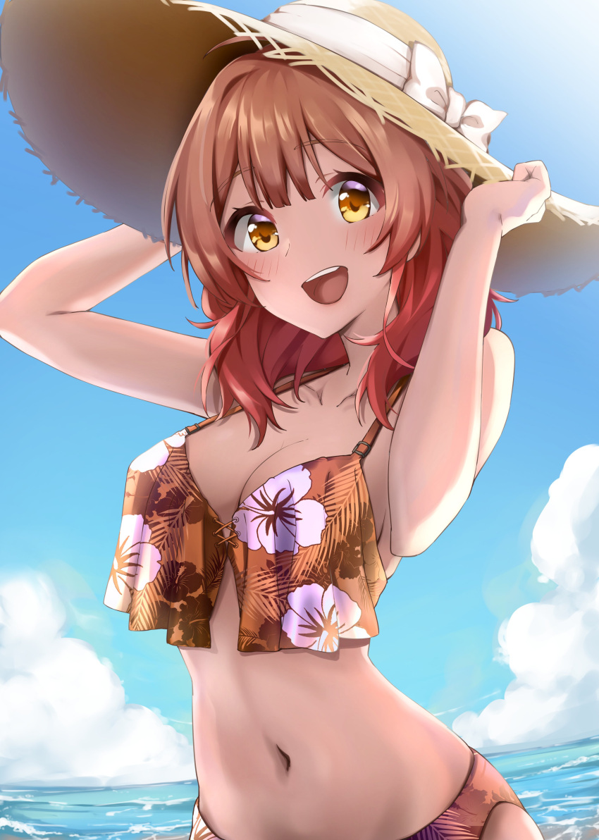 absurdres bare_shoulders bikini blue_sky blush bow breasts brown_bikini brown_hair cleavage collarbone commentary day female floral_print floral_print_bikini gakuen_idolmaster gradient_hair halterneck hanami_ume hands_up hat hat_bow hibiscus_print highres horizon idolmaster large_breasts looking_at_viewer multicolored_hair navel ocean open_mouth outdoors print_bikini raidensan red_hair sky smile solo straw_hat sunlight swimsuit teeth upper_body upper_teeth_only white_bow