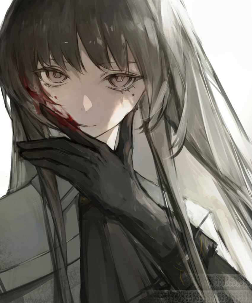 arknights ascot black_ascot black_gloves black_hair blood blood_on_face chinese_commentary commentary female gloves grey_eyes hand_on_own_face highres lch long_hair looking_at_viewer mole mole_under_eye simple_background solo upper_body virtuosa_(arknights) white_background wiping_blood