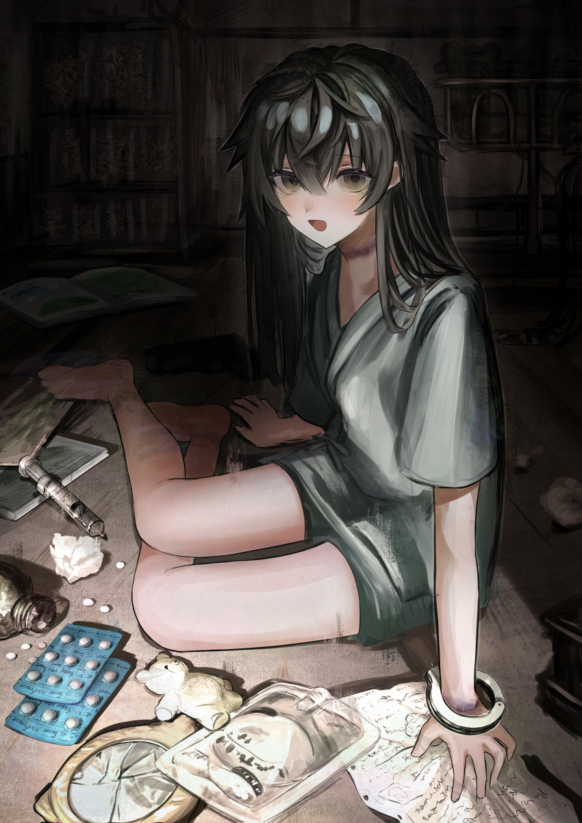 absurdres bare_legs barefoot bed black_hair blister_pack book broken_mirror bruise_on_arm commentary drugs female full_body green_eyes gun hair_between_eyes highres hospital_bed hospital_gown indoors intravenous_drip long_hair mirror open_mouth original pill pill_bottle senakira short_sleeves single_handcuff sitting smile solo strangulation_mark stuffed_animal stuffed_toy syringe teddy_bear weapon yokozuwari