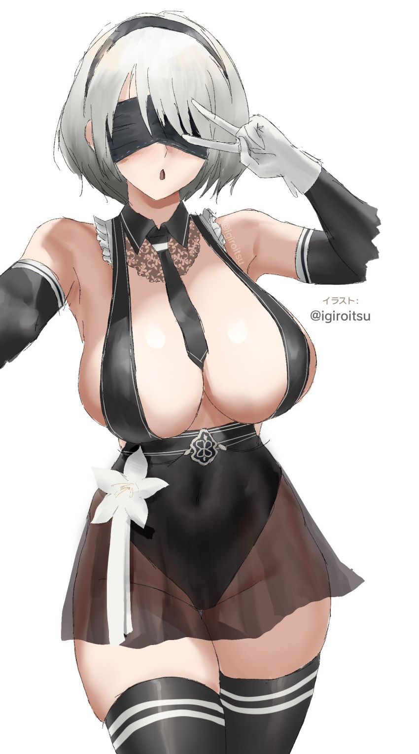 2b_(nier:automata) absurdres arm_up armpits bare_shoulders black_blindfold black_hairband black_leotard black_necktie blindfold breasts cleavage commentary_request cowboy_shot detached_collar detached_sleeves eve_(stellar_blade) female flower frills gloves grey_hair hairband highleg highleg_leotard highres igiroitsu large_breasts leotard miniskirt necktie nier:automata nier_(series) open_mouth revealing_clothes see-through_clothes see-through_skirt short_hair skirt solo stellar_blade thighhighs twitter_username v white_background white_flower white_gloves