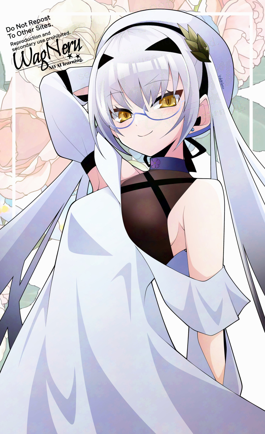 absurdres bare_shoulders beret breasts dress fate/grand_order fate_(series) female flower forked_eyebrows glasses hat highres long_hair long_sleeves looking_at_viewer melusine_(exhibition_attire)_(fate) melusine_(fate) off_shoulder sidelocks small_breasts smile solo twintails wagu_neru white_dress white_hair white_hat yellow_eyes