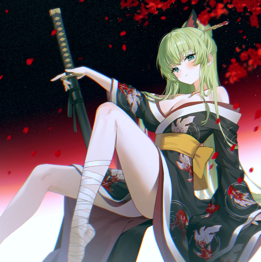 absurdres bare_shoulders black_kimono blonde_hair blush breasts cleavage closed_mouth commentary commission falling_petals female floral_print floral_print_kimono flower fymrie green_hair hair_ornament hair_stick highres holding holding_sword holding_weapon invisible_chair japanese_clothes katana kimono knee_up large_breasts leg_wrap long_hair looking_at_viewer obi off_shoulder original petals print_kimono red_eyes sash sitting slit_pupils solo sword symbol-only_commentary thighs very_long_hair weapon wide_sleeves yellow_sash