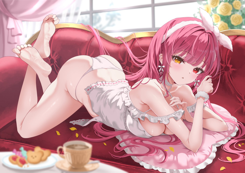 :o ass barefoot breasts camisole cleavage couch earrings female genjitsu_pirika hairband heterochromia highres hololive houshou_marine houshou_marine_(8th_costume) jewelry large_breasts no_pants on_couch panties red_eyes red_hair soles solo string_panties underwear virtual_youtuber white_camisole white_hairband white_panties yellow_eyes