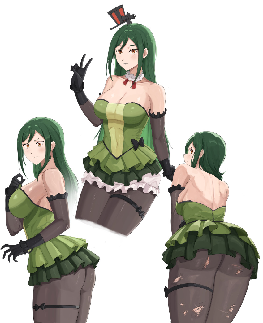 absurdres akihitoevon ass back breasts brown_eyes cleavage crusch_karsten dress elbow_gloves female frilled_dress frills gloves green_hair hat highres large_breasts long_hair looking_at_viewer multiple_views official_alternate_costume pantyhose re:zero_kara_hajimeru_isekai_seikatsu short_dress smile standing strapless torn_clothes torn_pantyhose white_background