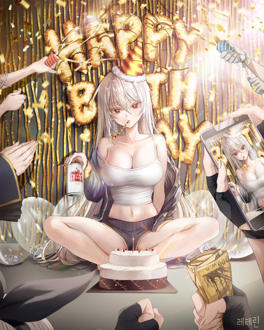 artist_request bare_legs bare_shoulders black_jacket black_shorts breasts bright_pupils cake camisole can cleavage collarbone commentary_request commission crop_top female food hair_between_eyes happy_birthday hat highres holding holding_can jacket korean_commentary large_breasts lethe_rin long_hair long_sleeves looking_at_viewer midriff mouth_hold multiple_others navel off_shoulder open_clothes open_jacket original party_hat red_eyes second-party_source shirt short_shorts shorts sitting sleeveless sleeveless_shirt solo_focus spaghetti_strap stomach strap_slip thighs very_long_hair white_hair white_shirt