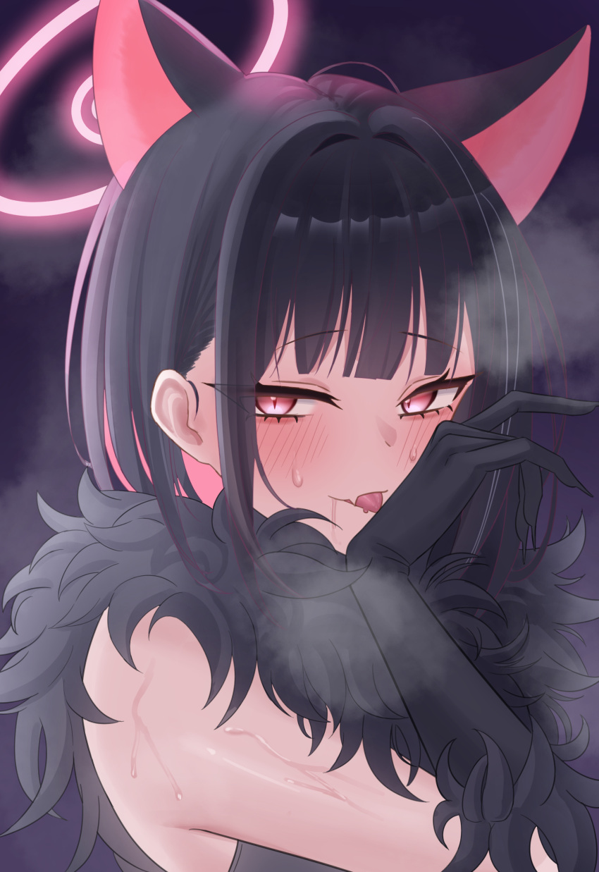 absurdres animal_ears black_gloves black_hair blue_archive blush cat_ears cat_girl colored_inner_animal_ears colored_inner_hair commentary_request dark_background drooling female fur-trimmed_gloves fur_scarf fur_trim gloves halloween_costume halo highres kazusa_(blue_archive) kazusa_(halloween)_(blue_archive) looking_at_viewer mokomoko_system multicolored_hair official_alternate_costume pink_hair pink_halo red_eyes short_hair simple_background slit_pupils solo steam sweat tongue tongue_out upper_body werewolf_costume