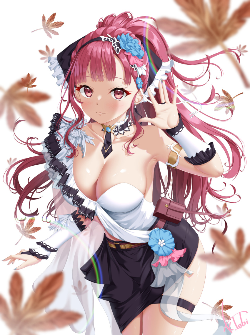 :3 \||/ arm_strap armpits ashlee_(vtuber) asymmetrical_clothes autumn_leaves bare_shoulders black_hairband black_skirt blue_flower blue_rose blunt_bangs breasts cleavage collarbone commentary_request commission cowboy_shot dress female flower hair_flower hair_ornament hairband highres indie_virtual_youtuber kogarashi_tobi large_breasts leaf long_hair looking_at_viewer necktie pink_flower pink_rose ponytail red_eyes red_hair rose shirt short_necktie sidelocks signature simple_background skeb_commission skirt sleeveless sleeveless_shirt solo strapless strapless_dress thigh_strap twisted_torso virtual_youtuber white_background white_sleeves