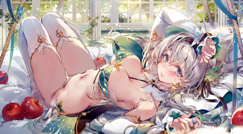 apple bead_bracelet beads bird black_hairband bracelet breasts detached_sleeves female firefly_(honkai:_star_rail) food fruit goose green_tube_top grey_hair hairband hieihirai highres honkai:_star_rail honkai_(series) indoors jewelry knees_up large_breasts looking_at_viewer navel on_bed panties parted_lips purple_eyes reclining solo stomach strapless thighhighs tube_top underwear unworn_shirt white_panties white_sleeves white_thighhighs