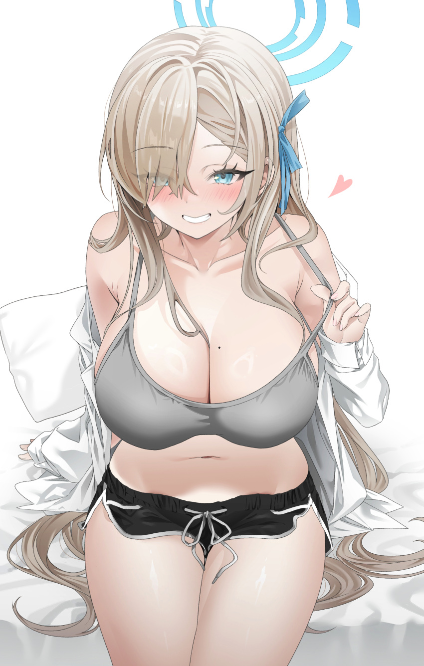 absurdres asuna_(blue_archive) blue_archive blue_eyes blue_halo blush bra breasts cleavage collarbone female grey_bra grin hair_over_one_eye halo highres large_breasts laseri long_hair long_sleeves looking_at_viewer mole mole_on_breast navel open_clothes open_shirt shirt short_shorts shorts simple_background smile solo underwear white_background white_shirt