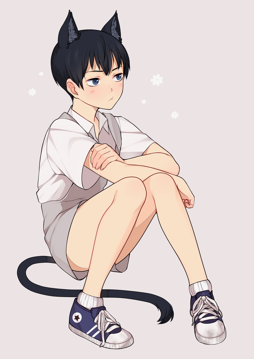 1boy animal_ears bad_id bad_pixiv_id black_eyes black_hair blue_eyes blush cat_ears cat_tail full_body haikyuu!! highres kageyama_tobio male_focus overalls shirt shoes simple_background sneakers solo tail weyowang