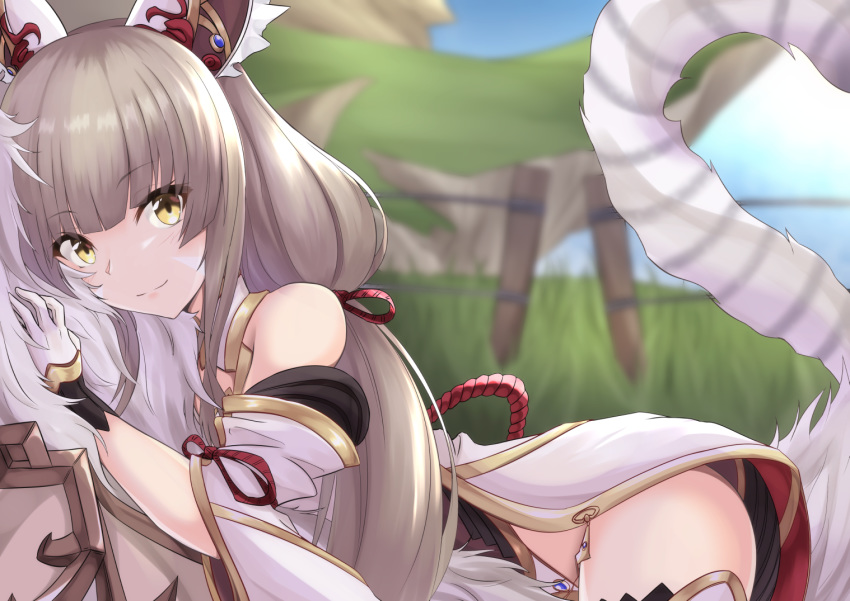 animal_ears bare_shoulders brown_hair cat_ears chibi_yawawa closed_mouth commentary_request dromarch_(xenoblade) facial_mark female from_side gloves grass long_hair looking_to_the_side lying nia_(blade)_(xenoblade) nia_(xenoblade) on_stomach riding smile spoilers tiger white_gloves xenoblade_chronicles_(series) xenoblade_chronicles_2 yellow_eyes