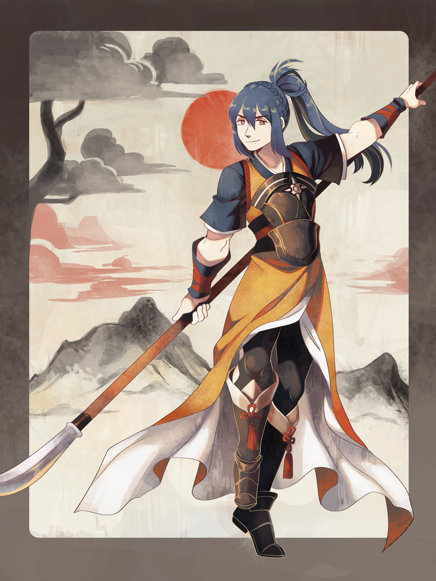 absurdres argyle argyle_legwear arm_up armor black_boots black_legwear blue_hair boots border breastplate cloud collarbone eyebrows_visible_through_hair female fire_emblem frogbians full_body grey_border hair_ornament japanese_clothes long_hair looking_to_the_side mountain naginta obi oboro_(fire_emblem_if) outdoors outstretched_arm pantyhose polearm ponytail red_eyes sash short_sleeves sky smile solo staff standing standing_on_one_legs sun tied_hair tree vambraces weapon