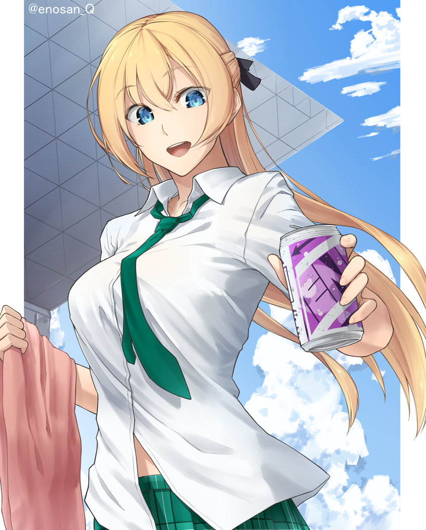 :d absurdres arrow_(symbol) black_ribbon blonde_hair blue_eyes blue_sky blush breasts can cloud collared_shirt commentary_request day dress_shirt drink_can enosan eyebrows eyelashes female green_necktie green_skirt hair_between_eyes hair_ribbon highres holding holding_can holding_towel joukamachi_no_dandelion large_breasts long_hair looking_at_viewer necktie open_mouth outside_border pillarboxed plaid plaid_skirt ribbon sakurada_hikari shirt short_sleeves skirt sky smile soda_can solo towel twitter_username upper_body white_shirt