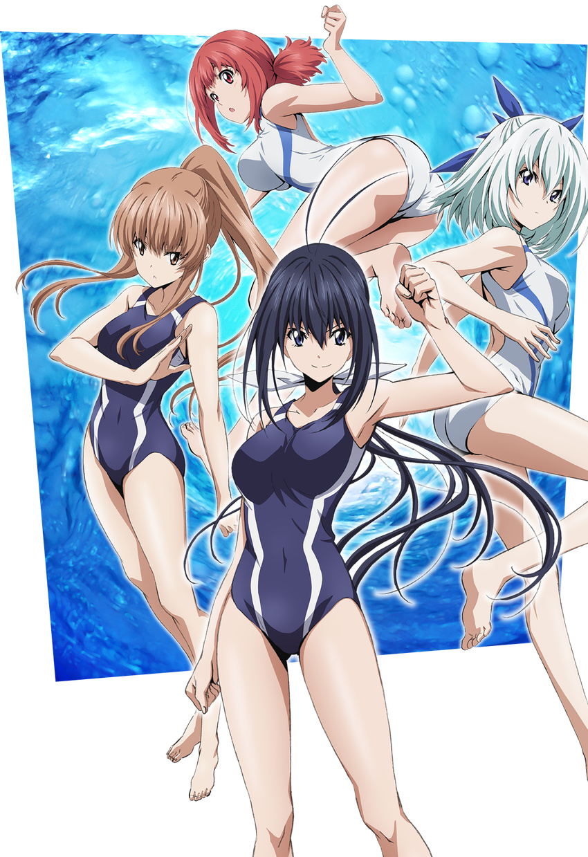 4girls antenna_hair aoba_kazane arm_up barefoot black_hair blue_eyes blue_ribbon brown_eyes brown_hair collarbone competition_swimsuit covered_navel hair_ribbon highres kaminashi_nozomi keijo!!!!!!!! key_visual long_hair miyata_sayaka multiple_girls official_art one-piece_swimsuit outside_border ponytail promotional_art red_eyes ribbon short_hair silver_hair smile soles swimsuit toyoguchi_non transparent_background white_one-piece_swimsuit