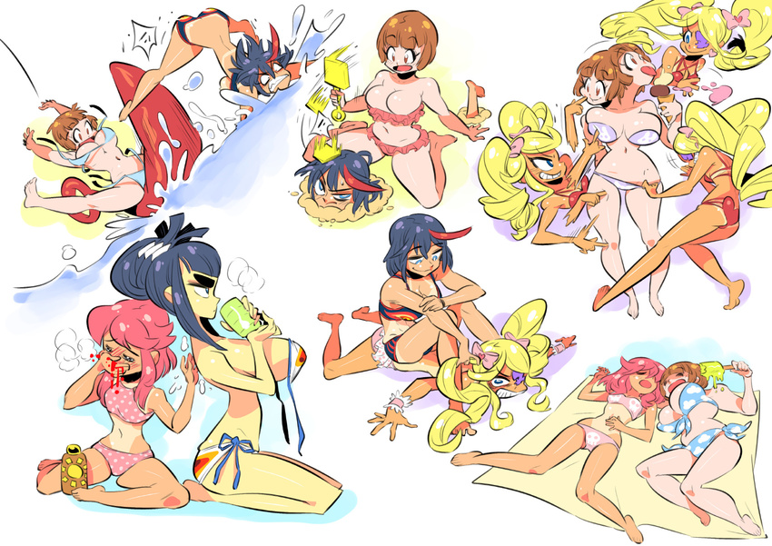 5girls angry barefoot beach_towel bikini bikini_tan blood blush breasts buried cleavage commentary_request drill_hair food frilled_bikini frills front-tie_bikini_top front-tie_top harime_nui highres ice_cream inflatable_toy jakuzure_nonon junketsu kill_la_kill kiryuuin_satsuki large_breasts lying mankanshoku_mako matoi_ryuuko midriff multiple_girls navel nosebleed one-piece_tan poking polka_dot polka_dot_bikini popsicle rafchu sand senketsu shovel side-tie_bikini_bottom sitting sitting_on_person smile swimsuit tan tanlines towel twin_drills twintails untied_bikini water yuri