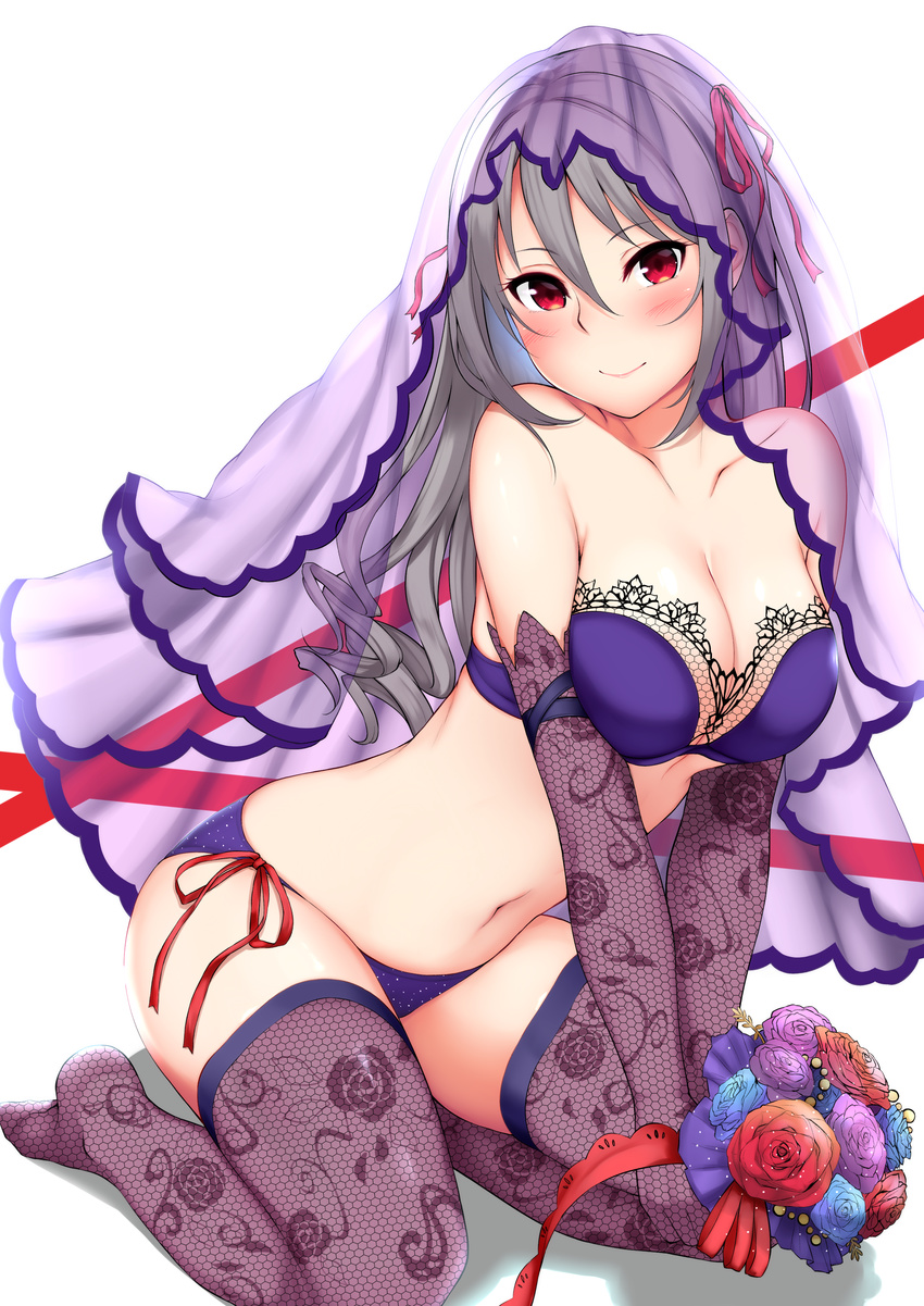 absurdres adapted_costume bare_shoulders bikini blush bouquet breasts bridal_lingerie bridal_veil bride cleavage commentary_request elbow_gloves female fishnet_gloves fishnet_thighhighs fishnets floral_print flower gloves gothic_lolita grey_hair hair_down highres idolmaster idolmaster_cinderella_girls kanzaki_ranko kneeling kusahagane lace lace-trimmed_bikini lace_trim large_breasts lingerie lolita_fashion long_hair looking_at_viewer no_shoes nontraditional_wedding_dress print_gloves print_thighhighs red_eyes simple_background smile solo swimsuit thighhighs underwear veil