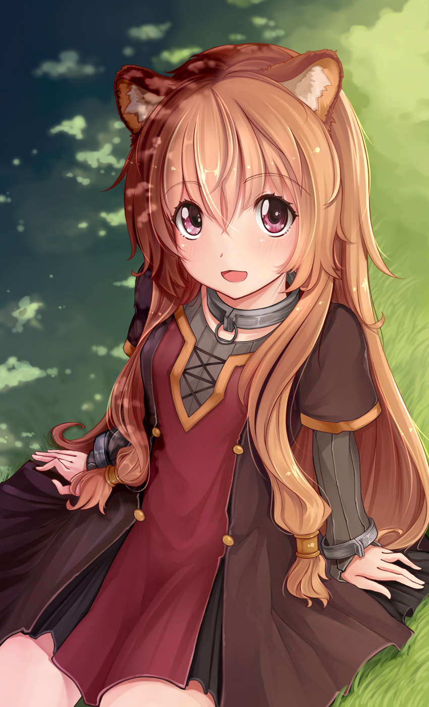 animal_ear_fluff animal_ears bad_id bad_pixiv_id brown_dress brown_hair chinese_commentary collar commentary_request cuffs dress female grass highres long_hair md5_mismatch open_mouth outdoors photoshop_(medium) pink_eyes raccoon_ears raccoon_girl raphtalia rhineheim sitting smile solo tate_no_yuusha_no_nariagari