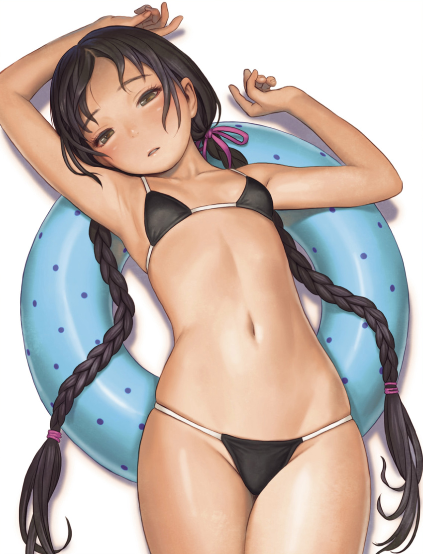 armpits arms_up bikini black_bikini blue_innertube braid breasts brown_eyes brown_hair comic_kairakuten cowboy_shot cropped female hair_ribbon hair_tie highres innertube long_hair looking_at_viewer lying murata_range navel non-web_source on_back parted_bangs parted_lips polka_dot_innertube ribbon simple_background small_breasts solo string_bikini swim_ring swimsuit twin_braids twintails very_long_hair wet white_background