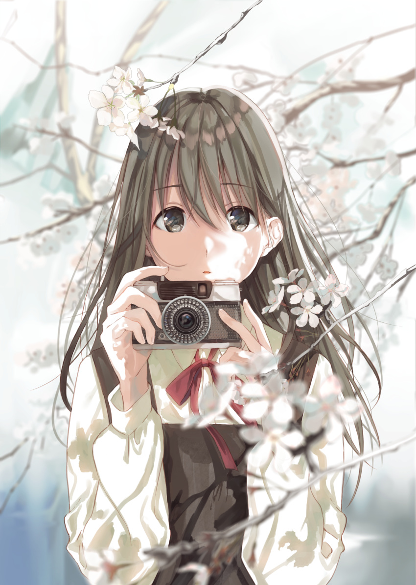 blurry branch brown_eyes brown_hair camera cherry_blossoms commentary_request day depth_of_field dress female flower hair_between_eyes highres holding holding_camera kukiha long_hair long_sleeves looking_at_viewer neck_ribbon original outdoors parted_lips pinafore_dress red_ribbon ribbon school_uniform shirt sleeveless sleeveless_dress solo upper_body white_shirt wing_collar