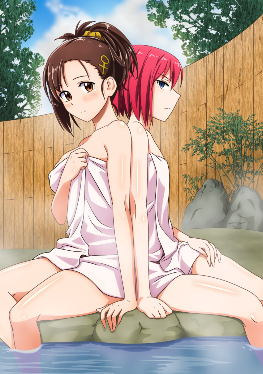 2girls anetani_anne back-to-back blue_eyes blush breasts brown_eyes brown_hair colorized commentary commentary_request day detexted english_commentary flat_chest hair_ornament hair_scrunchie high_ponytail highres hino_hitomi looking_at_viewer maximilian-destroyer medium_breasts multiple_girls murenase!_shiiton_gakuen naked_towel official_art onsen outdoors red_hair same-sex_bathing scrunchie shared_bathing shiny_skin short_hair sitting smile third-party_edit towel yamashita_bungo yellow_scrunchie