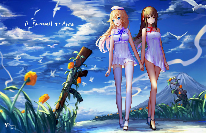 2girls :d ak-47 ak-47_(girls'_frontline) animal arms_at_sides assault_rifle bare_arms bare_legs bare_shoulders beret bird black_footwear blonde_hair blue_eyes blue_sky breasts brown_eyes brown_hair chinese_commentary choker closed_eyes cloud commentary_request day dress english_text flock flower full_body girls'_frontline grass gun hat headphones holding_hands kalashnikov_rifle long_hair long_legs m4_carbine m4a1_(girls'_frontline) medium_breasts mountain multiple_girls no_legwear no_panties open_mouth orange_flower orange_rose outdoors plant planted_gun red_ribbon ribbon ribbon_choker rifle road rose shoes short_dress skinny sky sleeveless sleeveless_dress smile strappy_heels symbolism thighhighs very_long_hair vines walking wangchuan_de_quanyan weapon white_bird white_dress white_hat white_thighhighs zettai_ryouiki