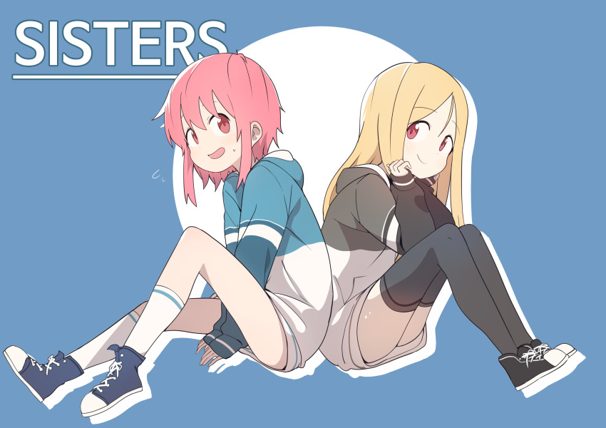 2girls blonde_hair blue bural_chingu hoodie kneehighs lee_ji-eun lee_ji-min long_hair luke_(dydansgur) pink_eyes pink_hair red_eyes short_hair thighhighs