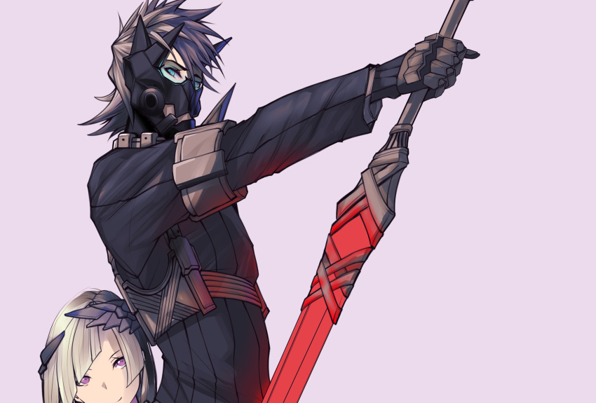 1boy absurdres asil black_hair blue_eyes blunt_bangs brynhildr_(fate) commentary_request fate/grand_order fate_(series) female glasses gloves grey_hair highres holding holding_sword holding_weapon looking_at_viewer mask messy_hair multicolored_hair purple_background purple_eyes reverse_grip sigurd_(fate) sigurd_(first_ascension)_(fate) simple_background smile sword two-tone_hair upper_body weapon white_hair