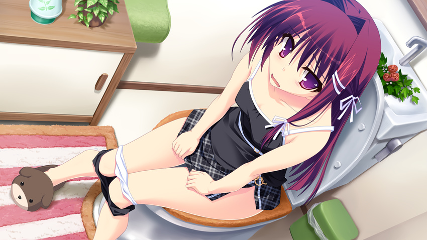 animal_slippers belt black_dress black_shorts breasts cabinet clothes_pull dog_slippers dress dress_tug dutch_angle embarrassed female flower flower_pot game_cg hair_intakes hair_ribbon kikurage_(plastic_people) kimi_wo_aogi_otome_wa_hime_ni knees_together_feet_apart long_hair open_mouth panties panty_pull purple_eyes purple_hair ribbon shorts shorts_pull sitting slippers small_breasts solo toilet toilet_use trash_can underwear washio_rin white_belt white_panties white_ribbon