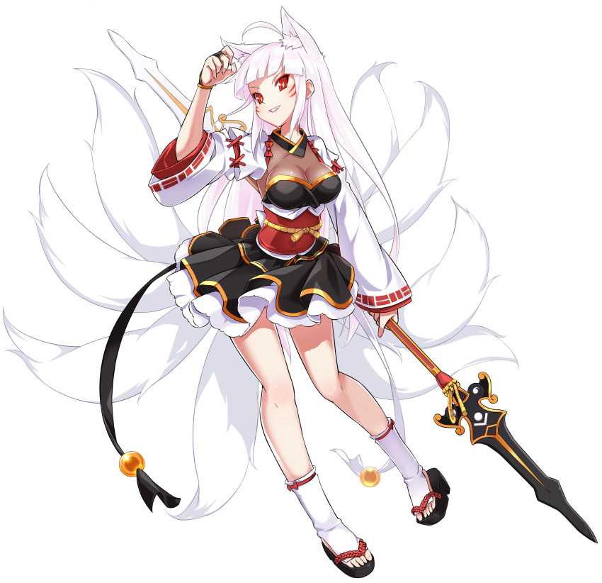 absurdres albino animal_ears ankle_wrap ara_haan ara_haan_(celestial_fox) archived_source black_skirt breasts cleavage corset detached_sleeves elsword eun_(elsword) female fox_ears fox_tail full_body grin highres little_specter_(elsword) long_hair medium_breasts multiple_tails official_art okobo polearm polearm_behind_back red_eyes sandals sando_(dukedevil) skirt smile solo spear tail transparent_background very_long_hair weapon white_hair