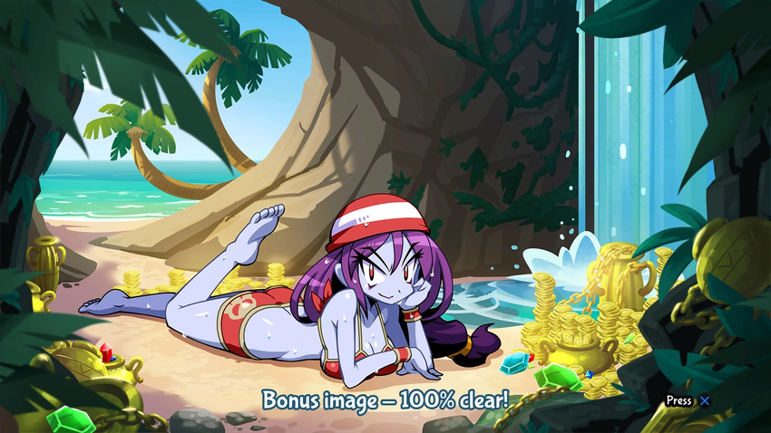 alternative_hairstyle bandana beach bikini bikini_shorts blue_skin breasts female gems gold hair_down hand_on_own_cheek jewelry leg_up looking_at_viewer lying ocean palm_tree purple_hair red_bikini red_eyes risky_boots sand screencap shantae shantae:_half-genie_hero shantae_(series) swimsuit waterfall wet wet_hair wet_swimsuit