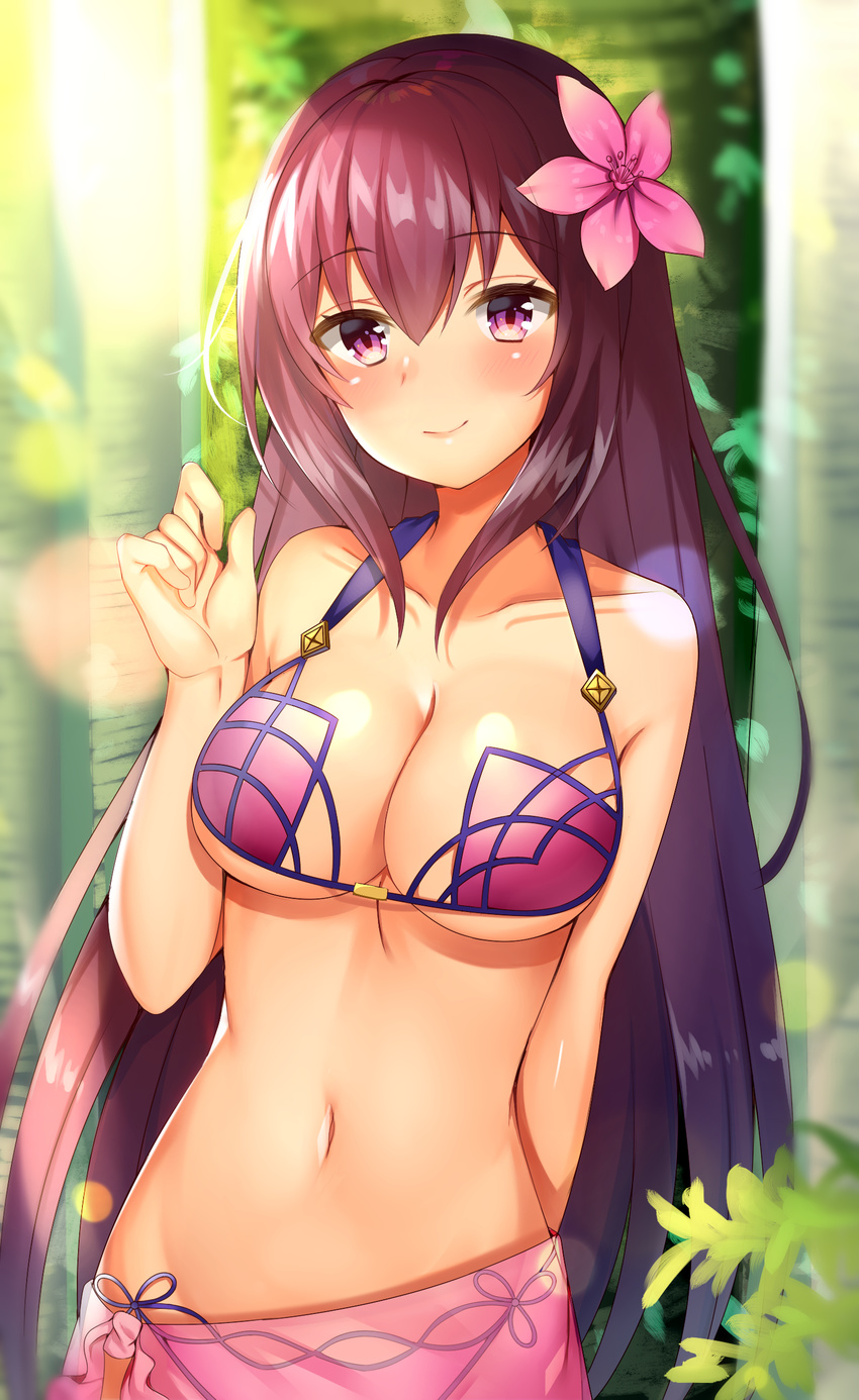 absurdres aozora_nan blurry blush breasts commentary_request depth_of_field fate/grand_order fate_(series) female flower hair_flower hair_ornament highres large_breasts long_hair looking_at_viewer navel purple_hair sarong scathach_(fate) scathach_(swimsuit_assassin)_(fate) smile solo swimsuit