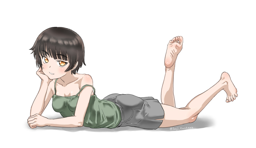 ass bad_id bad_pixiv_id bare_shoulders barefoot black_hair casual feet female full_body highres looking_at_viewer lying on_stomach original parted_lips short_hair shorts sleeveless smile soles solo souji_kurokawa strap_slip the_pose toes yellow_eyes