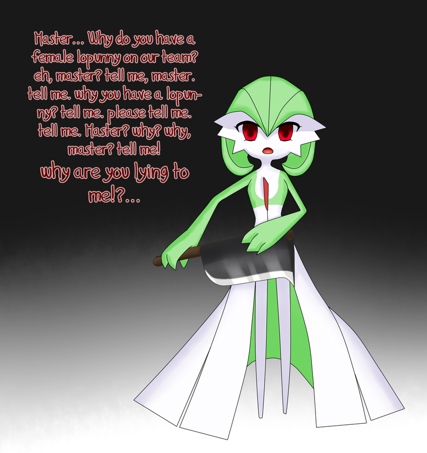 billhook empty_eyes english_text female gardevoir green_hair highres open_mouth pokemon pokemon_(creature) red_eyes scarletknives-x short_hair weapon yandere