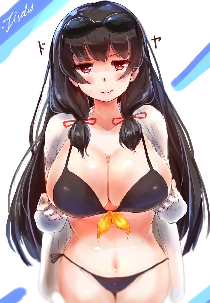 bad_id bad_nijie_id bikini bikini_under_clothes black_bikini black_hair blurry blush breasts depth_of_field eyewear_on_head female firebeat_(foxtrot) gloves hair_ribbon highres isokaze_(kancolle) kantai_collection large_breasts long_hair long_sleeves looking_at_viewer navel red_eyes ribbon smile solo sunglasses swimsuit tress_ribbon white_gloves