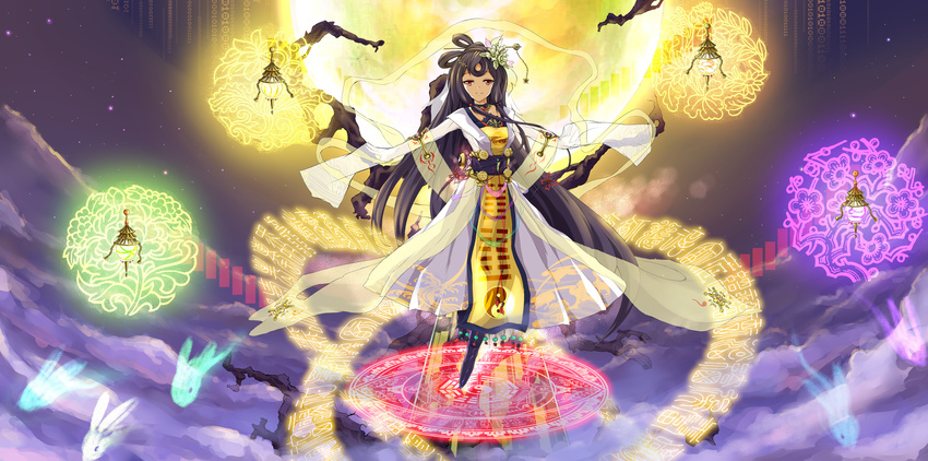 absurdres bagua binary brown_hair chang'e chinese_clothes chinese_mythology commentary_request dress female hair_ornament hanfu highres lantern long_hair magic_circle moon original red_eyes sirills solo trigram white_dress yin_yang