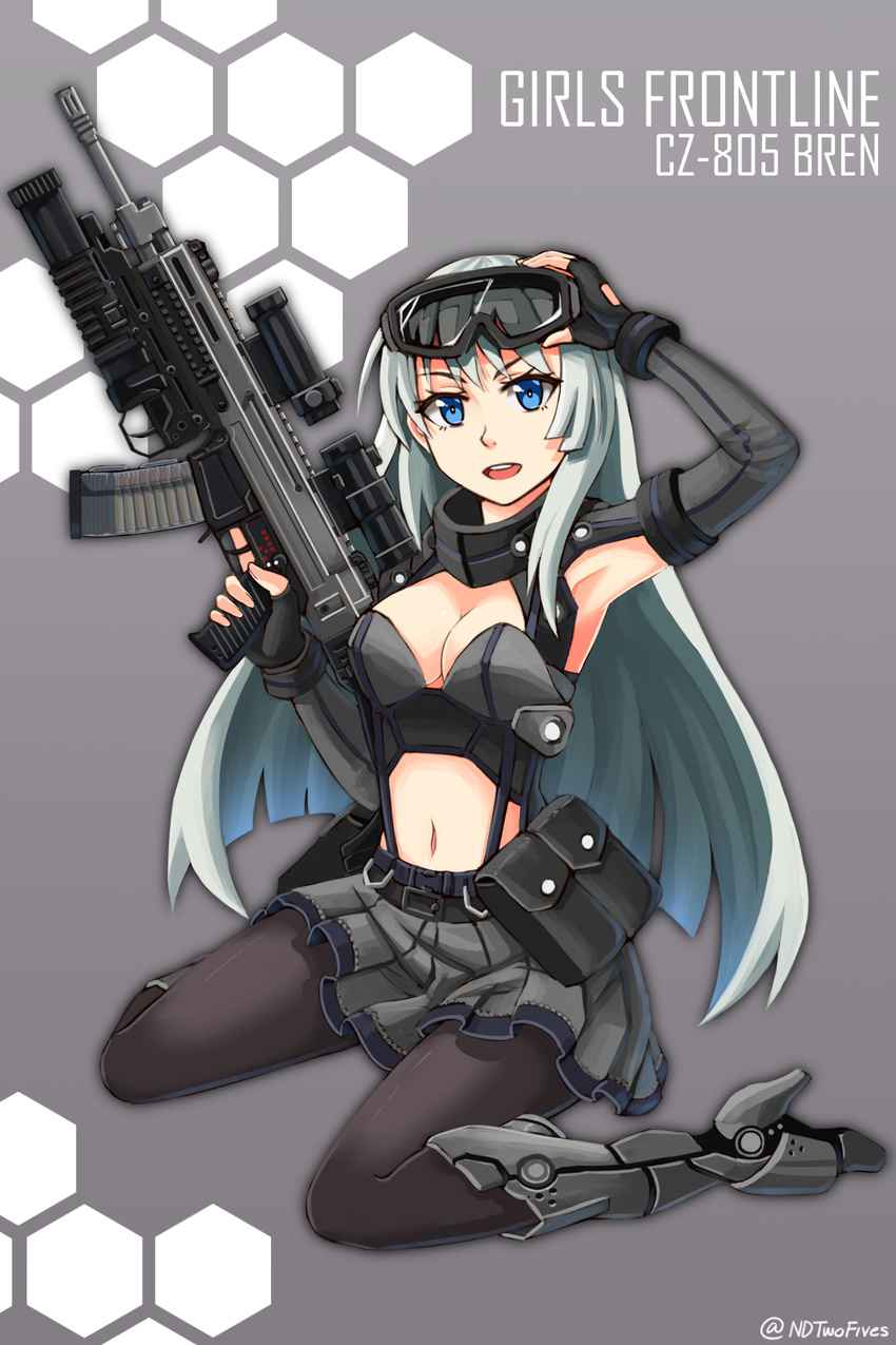 adjusting_goggles ammunition_pouch aqua_hair arm_up armpits artist_name belt belt_pouch black_belt black_gloves blue_eyes blue_hair blue_skirt boots breasts bustier character_name cleavage cleavage_cutout clothing_cutout commentary_request copyright_name cz-805_(girls'_frontline) cz_805_bren dated_commentary exoskeleton female fingerless_gloves full_body girls'_frontline gloves goggles grenade_launcher grey_background grey_footwear grey_skirt gun hexagon high_heel_boots high_heels highres holding holding_gun holding_weapon honeycomb_(pattern) honeycomb_background long_hair looking_at_viewer medium_breasts midriff navel ndtwofives open_mouth optical_sight pantyhose pleated_skirt pouch scope simple_background sitting skirt solo stomach teeth trigger_discipline twitter_username two-tone_skirt underbarrel_grenade_launcher upper_teeth_only wariza weapon weapon_name