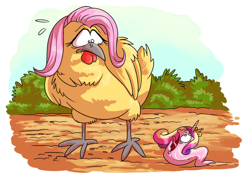 2016 absurd_res adlynh alternate_species avian bird checken chicken crown day duo eyelashes feathered_wings feathers female feral fluttershy_(mlp) friendship_is_magic galliform gallus_(genus) gastropod hair hasbro headgear hi_res horn humor mollusk multicolored_hair my_little_pony open_mouth outside phasianid pink_hair princess_cadance_(mlp) scared slug tongue what wings yellow_body yellow_feathers