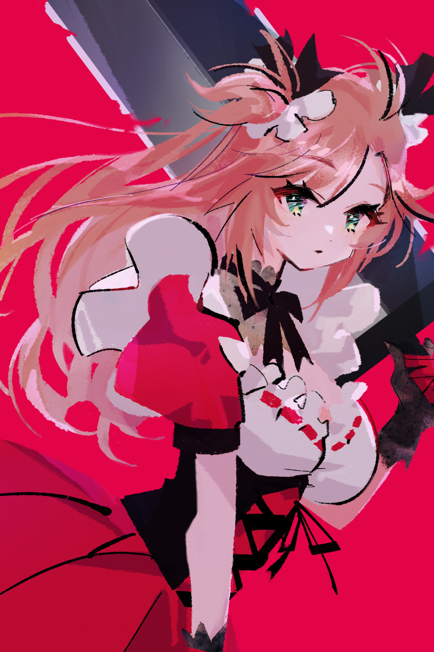 absurdres black_gloves breasts closed_mouth commission dress dutch_angle female from_side gloves green_eyes hair_ribbon highres holding holding_sword holding_weapon indie_virtual_youtuber large_breasts long_hair looking_at_viewer marina_(mrn9) over_shoulder pink_hair puffy_short_sleeves puffy_sleeves red_background red_dress ribbon short_sleeves simple_background skeb_commission solo sword sword_over_shoulder tanmaru_kade two_side_up upper_body virtual_youtuber weapon weapon_over_shoulder white_ribbon