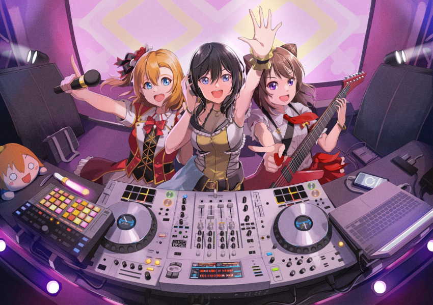 3girls akashi_maho arm_up armpits bag bang_dream! bare_shoulders belt black_hair blue_eyes bow bowtie bracelet breasts brown_hair cellphone cleavage computer cone_hair_bun d4dj double_bun electric_guitar glowstick guitar hair_between_eyes hair_bun hair_ornament hand_on_headphones headphones highres hiroki_ree holding holding_microphone idol_clothes instrument jewelry kosaka_honoka laptop long_hair looking_at_viewer love_live! love_live!_school_idol_project medium_breasts microphone multiple_girls music necktie nesoberi open_mouth orange_hair phone playing_instrument purple_eyes red_bow red_bowtie red_necktie school_bag scrunchie shirt skirt smartphone smile toyama_kasumi turntable white_shirt white_skirt wrist_scrunchie