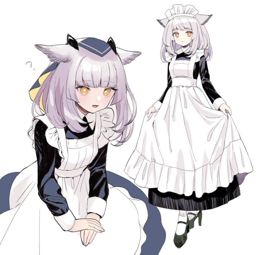 :d ? alternate_costume apron apron_hold arknights black_dress black_footwear blush bright_pupils check_commentary closed_mouth commentary_request dress enmaided female full_body grey_hair high_heels highres long_hair long_sleeves looking_at_viewer maid maid_headdress multiple_views open_mouth owl_ears own_hands_together ptilopsis_(arknights) simple_background smile standing veil white_apron white_background white_hair white_legwear yellow_eyes yuhiko_(unayuhi)