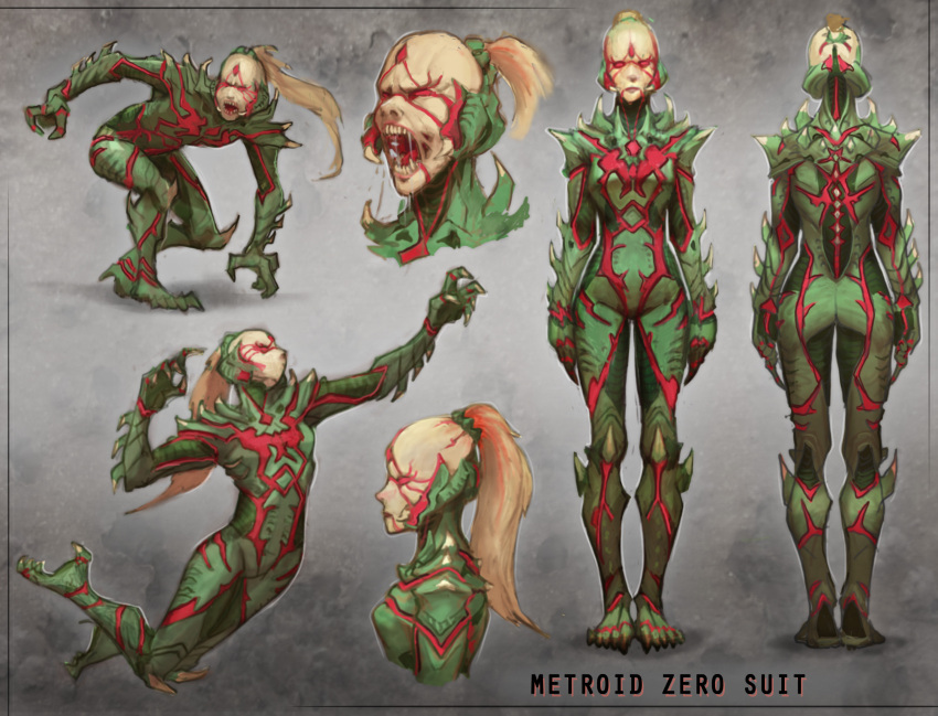 biopunk blonde_hair claws extra_eyes fangs female highres metroid metroid_dread metroid_suit monster_girl monsterification ponytail red_eyes samus_aran shaved_head spikes spoilers zhjake