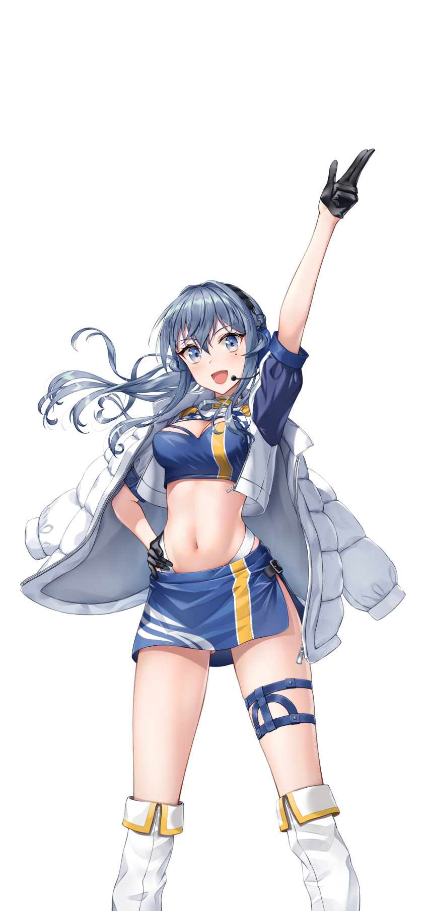 :d absurdres arm_up ass_visible_through_thighs bandeau blue_bandeau blue_eyes blue_hair blue_skirt blue_tube_top boots breasts commentary_request crop_top female flag gloves gotland_(fuji_speedway_race_queen_mode)_(kancolle) gotland_(kancolle) hand_on_own_hip headset highres jacket kantai_collection knee_boots linea_alba long_hair looking_at_viewer medium_breasts midriff miniskirt mixed-language_commentary mole mole_under_eye navel open_mouth race_queen rankebu short_sleeves shorts shrug_(clothing) skirt smile solo standing stomach strapless thigh_strap transparent_background tube_top