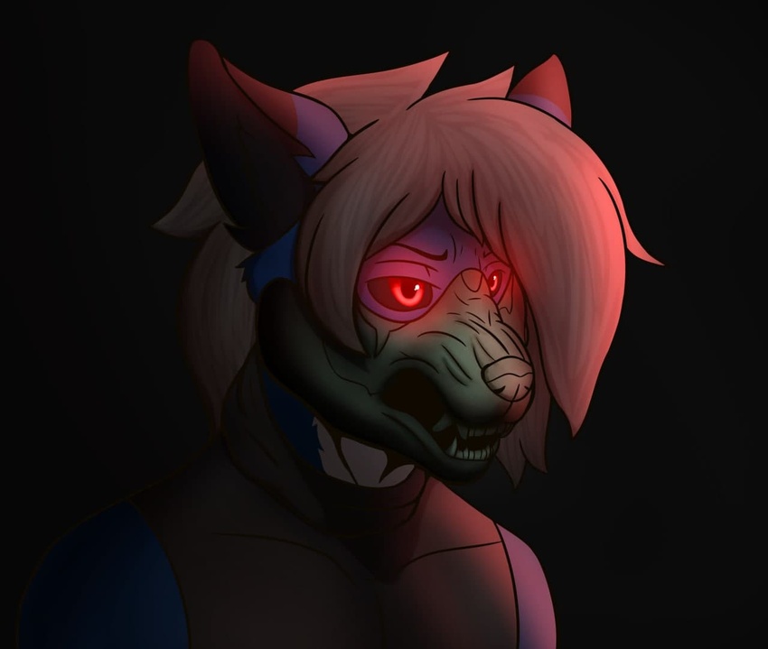 animal_mask anthro black_background black_sclera bust_portrait canid canine clothed clothing digital_media_(artwork) fur glowing glowing_eyes hair male mammal mask multicolored_body multicolored_fur portrait purple_body purple_fur red_eyes simple_background solo thony_dog topwear