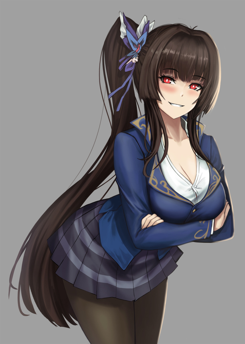 bad_id bad_pixiv_id black_hair blush breasts brown_dust cleavage commentary_request crossed_arms female grey_background grin highres kibellin korean_commentary looking_at_viewer photoshop_(medium) red_eyes side_ponytail simple_background skadina_(brown_dust) smile solo